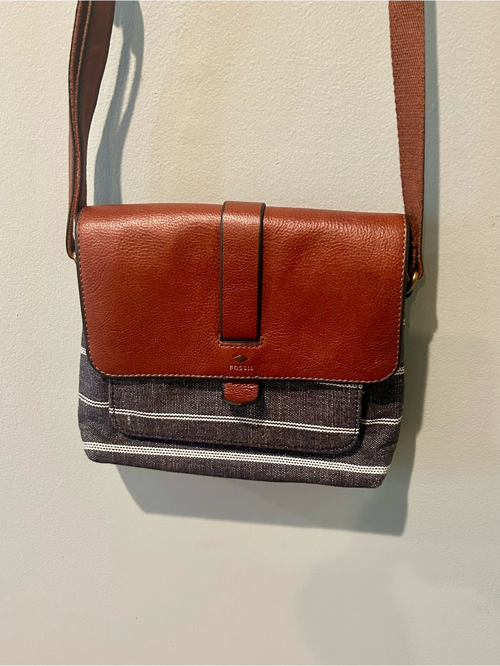 Fossil Crossbody Bag Brown Leather & Black Denim Stripe Shoulder Messenger Bag